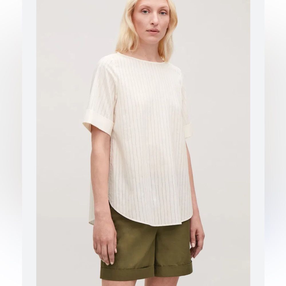 COS White Sheer Lined Top Striped Boat Neck Short Sleeve Cotton Blend Size 4